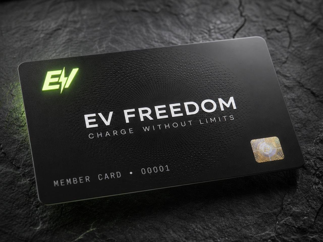 EV Freedom RFID member card — matte black card with glowing green EV lightning bolt logo