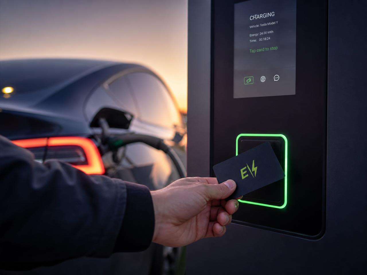 Driver tapping an EV Freedom RFID card on a charging station reader